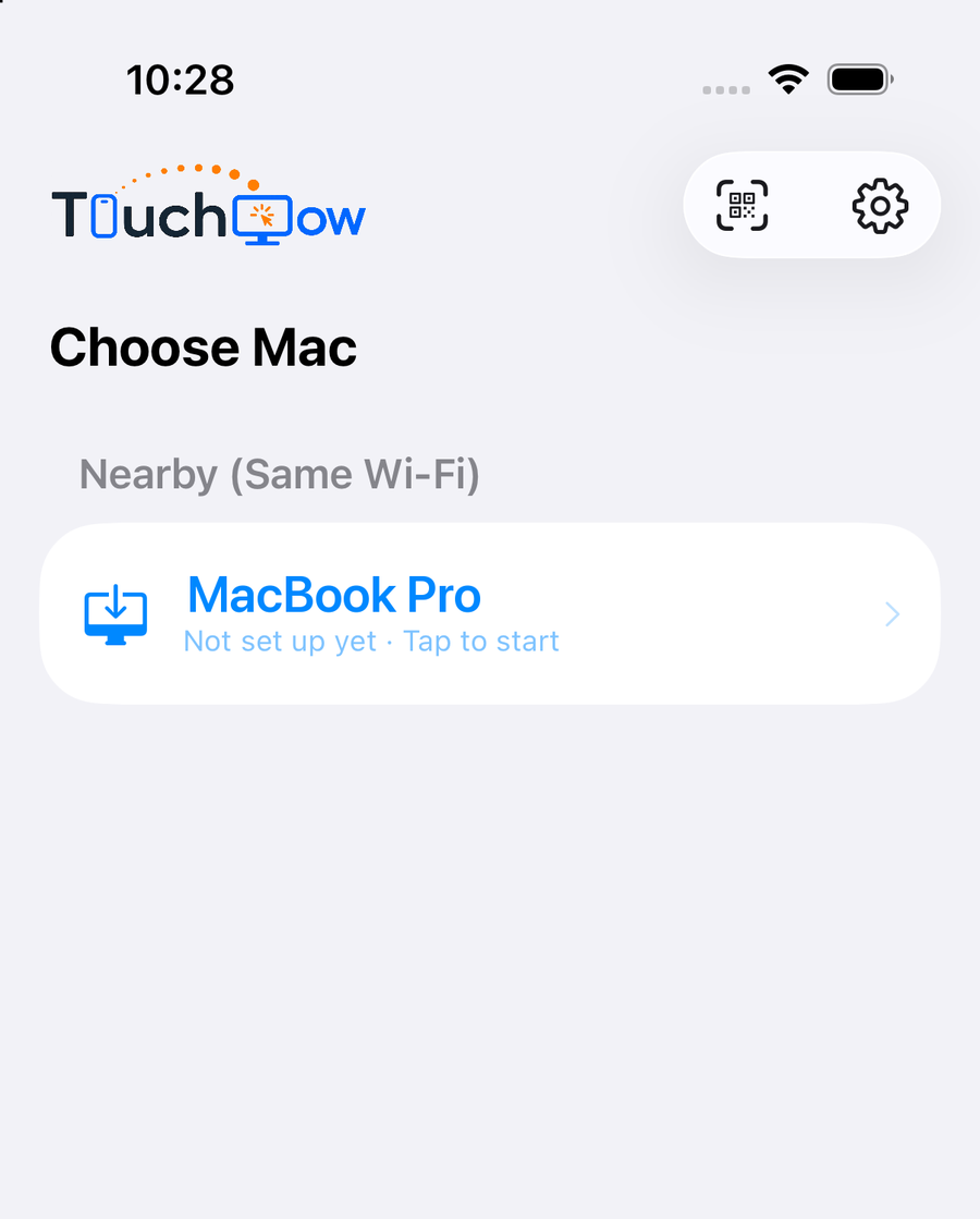 TouchNow on iPhone: the “Choose Mac” screen listing a nearby MacBook Pro with the subtitle “Not set up yet · Tap to start”.