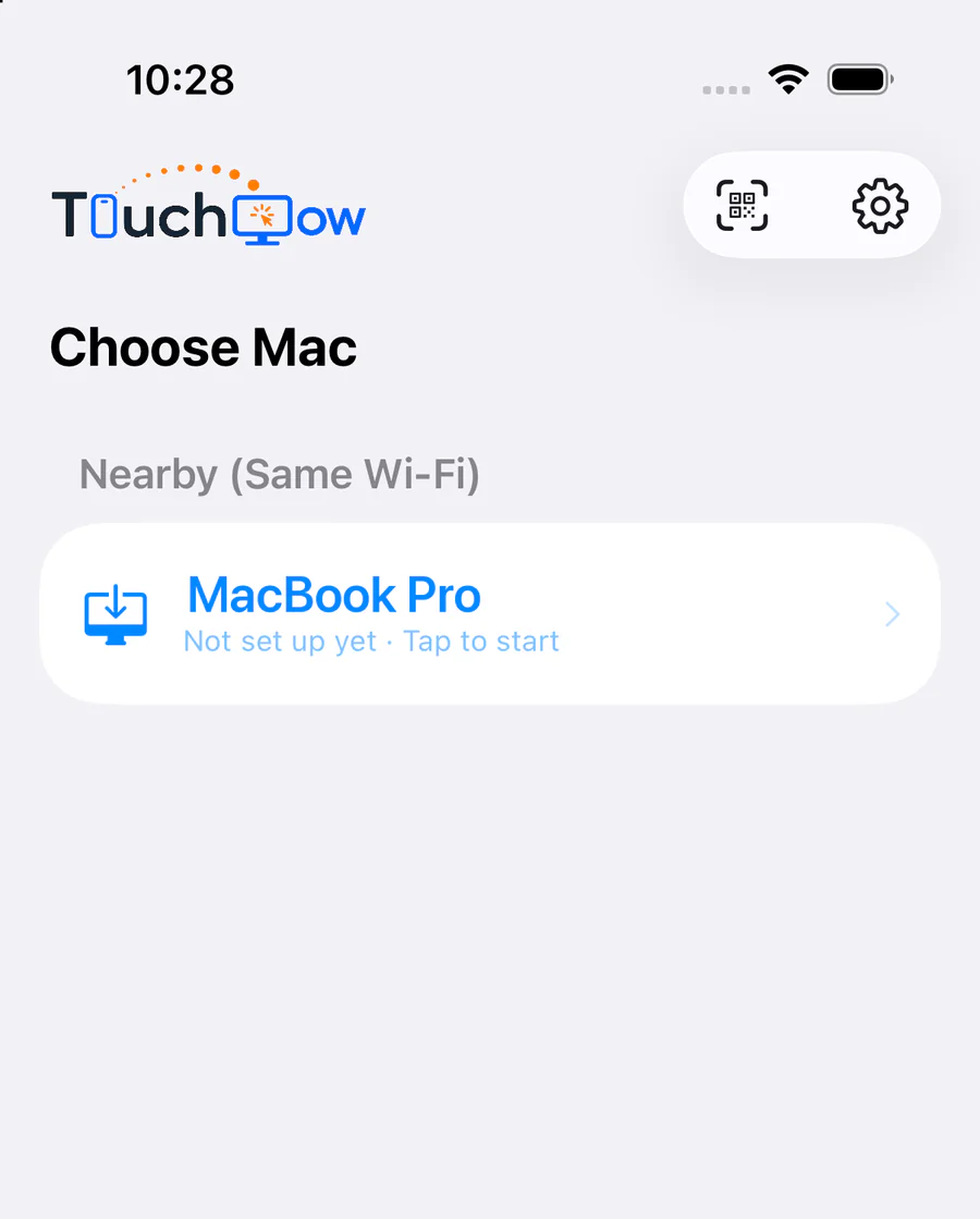 TouchNow on iPhone: the “Choose Mac” screen listing a nearby MacBook Pro with the subtitle “Not set up yet · Tap to start”.