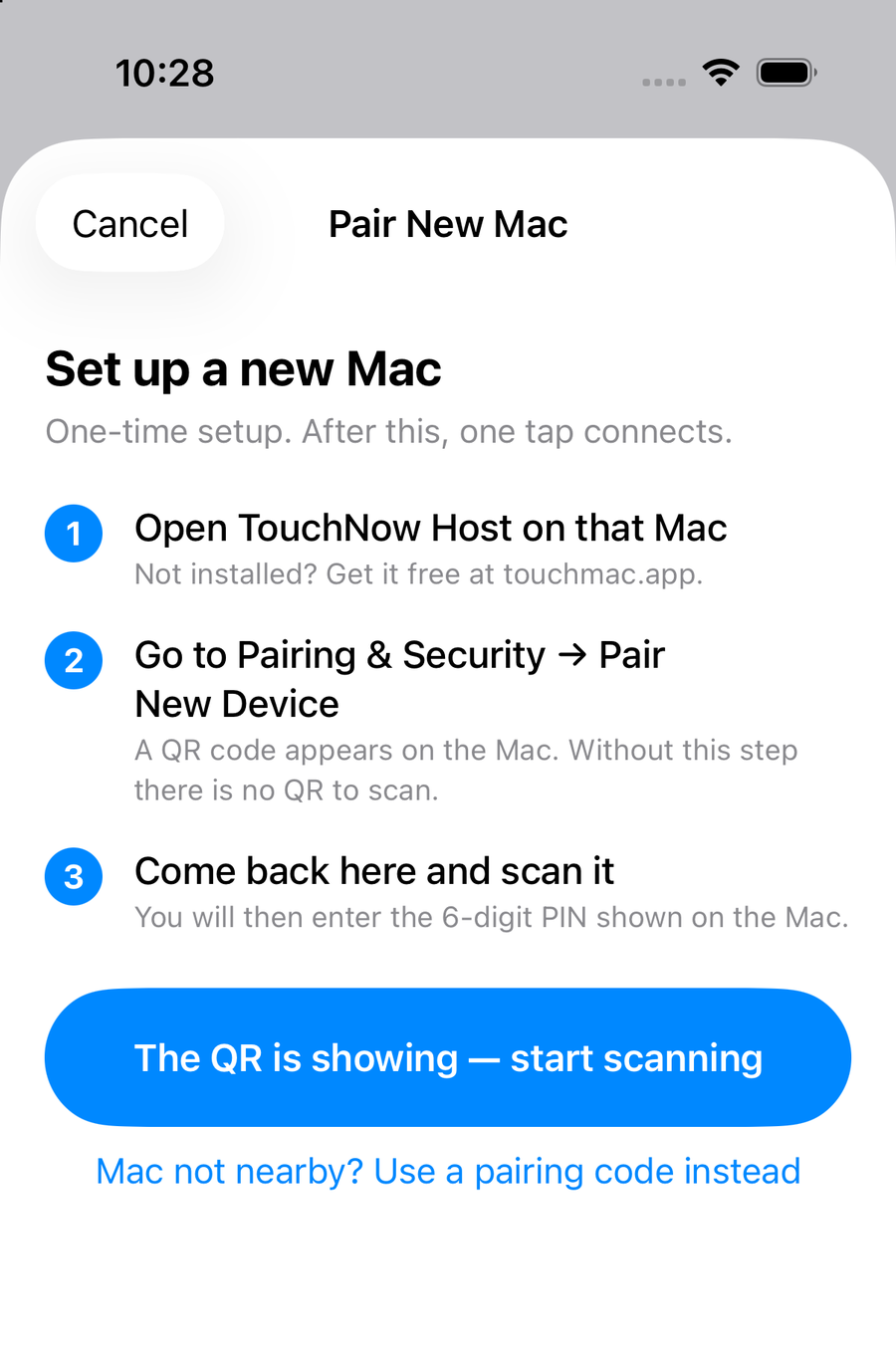 The “Pair New Mac” screen on iPhone, listing three steps with a blue start-scanning button underneath.