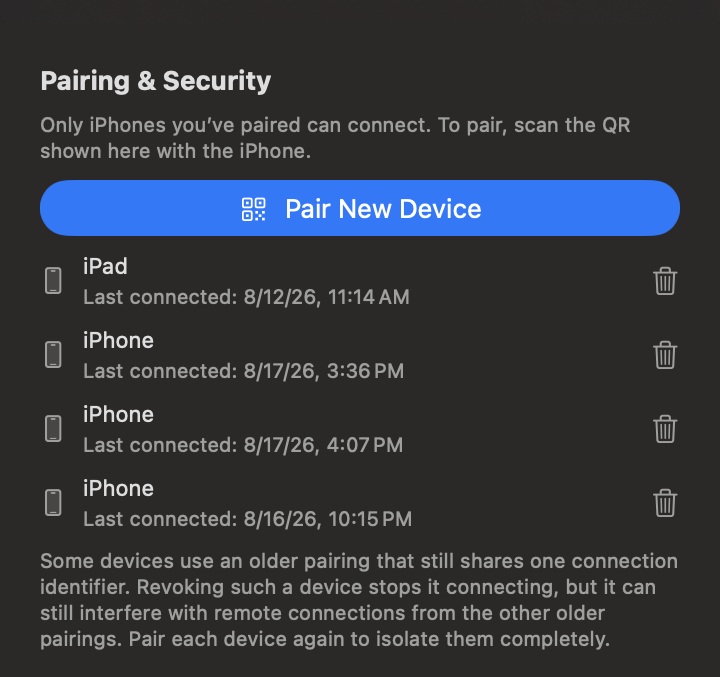 The Pairing & Security panel in TouchNow Host: a blue Pair New Device button, below it a paired iPad and three iPhones each showing when they last connected, with a trash icon on the right to revoke.