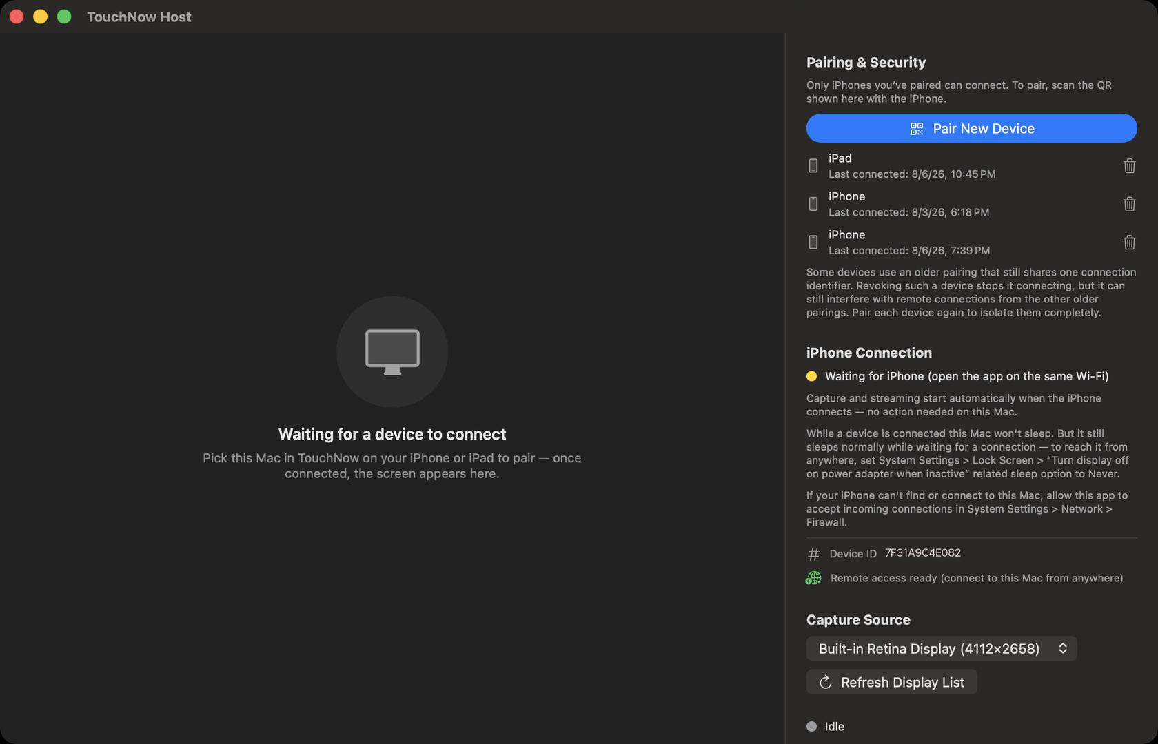 The TouchNow Host window on a Mac, with the Pairing & Security panel and its blue “Pair New Device” button on the right.