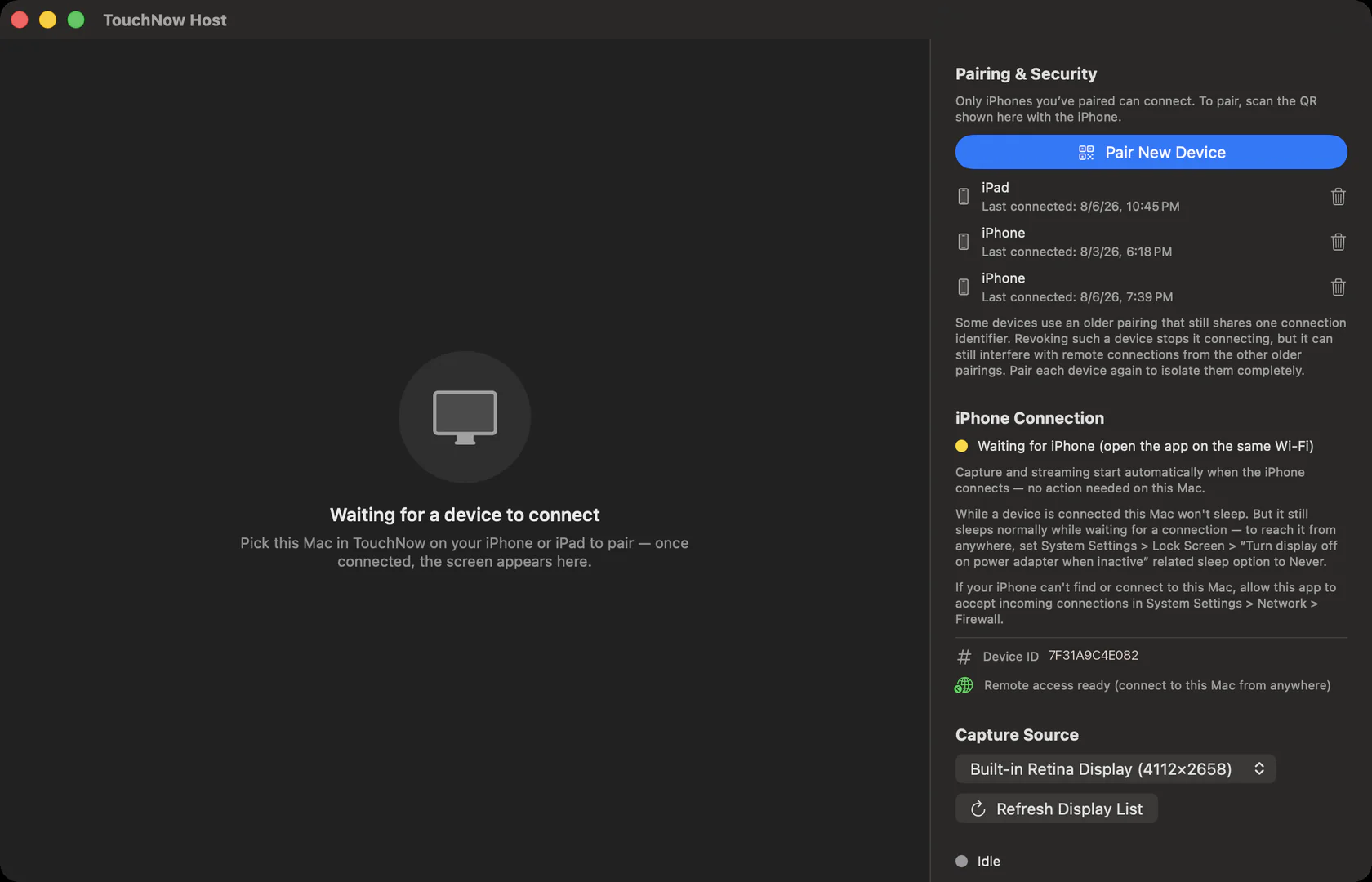 The TouchNow Host window on a Mac, with the Pairing & Security panel and its blue “Pair New Device” button on the right.