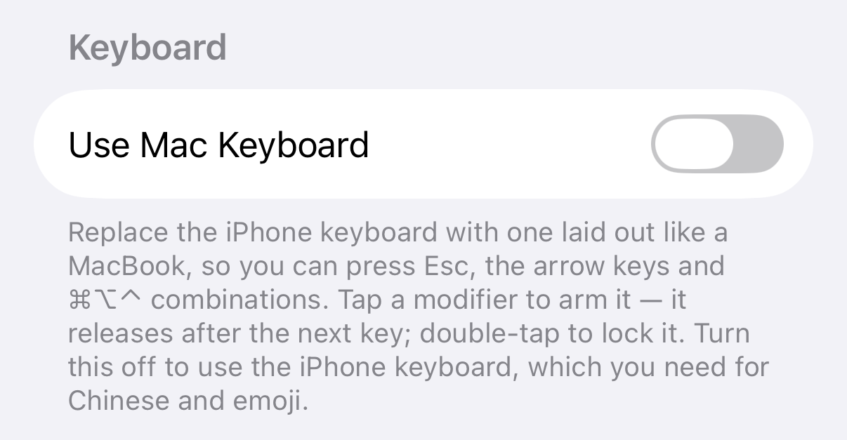 The Keyboard section of TouchNow’s Settings on iPhone: a “Use Mac Keyboard” switch, with text below explaining that it replaces the iPhone keyboard with one laid out like a MacBook, and that modifiers arm on one tap and lock on a double-tap.