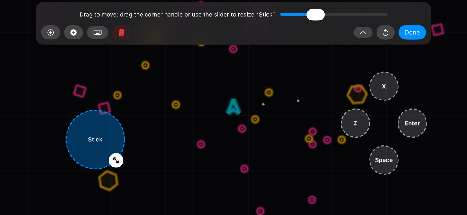 The layout editor open: every button is outlined with a dashed border, the selected stick is highlighted in blue with a round resize handle at its lower right, and a panel of controls sits along the top.