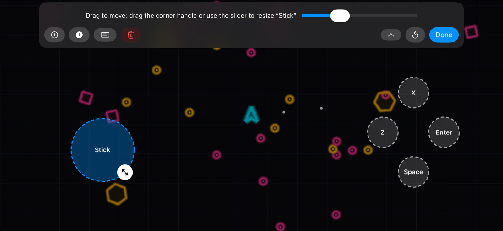 The layout editor open: every button is outlined with a dashed border, the selected stick is highlighted in blue with a round resize handle at its lower right, and a panel of controls sits along the top.