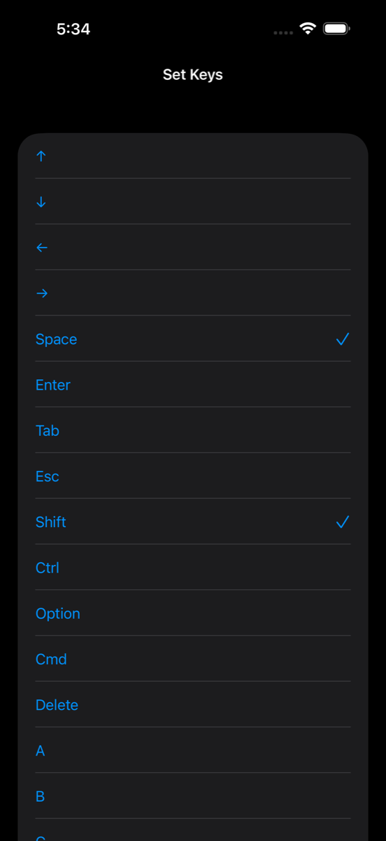 The Set Keys screen on iPhone: a list of keys with Space and Shift both ticked.