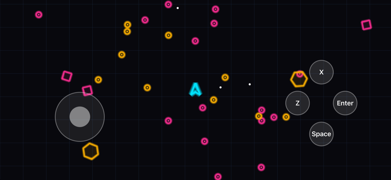 TouchNow in Game mode over a running game: a stick at the lower left and four round buttons labelled X, Z, Enter and Space at the right.