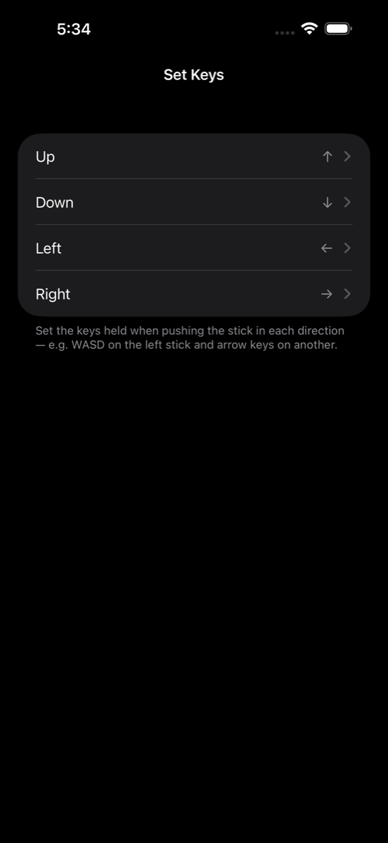 The stick key screen: Up, Down, Left and Right listed separately, each currently set to an arrow key.