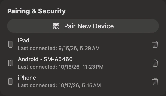 Captura Mac real: painel TouchNow Host Pareamento e Segurança