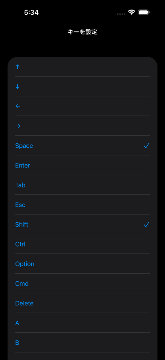 iPhone の「キーを設定」画面。キーの一覧で Space と Shift の両方にチェックが入っている。