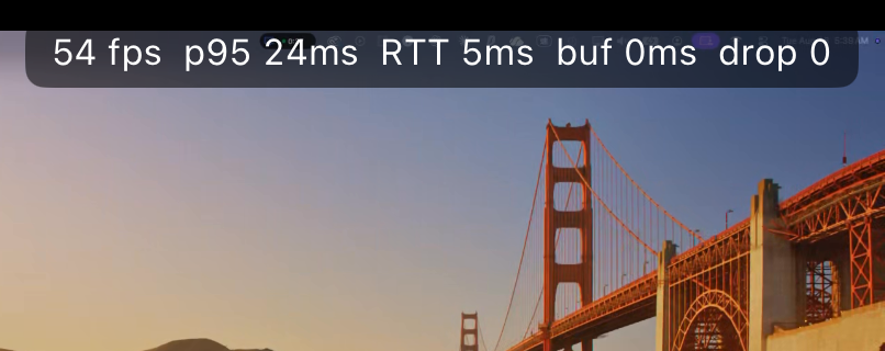 串流畫面上方的效能面板，顯示「54 fps　p95 24ms　RTT 5ms　buf 0ms　drop 0」——同一個 Wi-Fi 下的實際量測值。