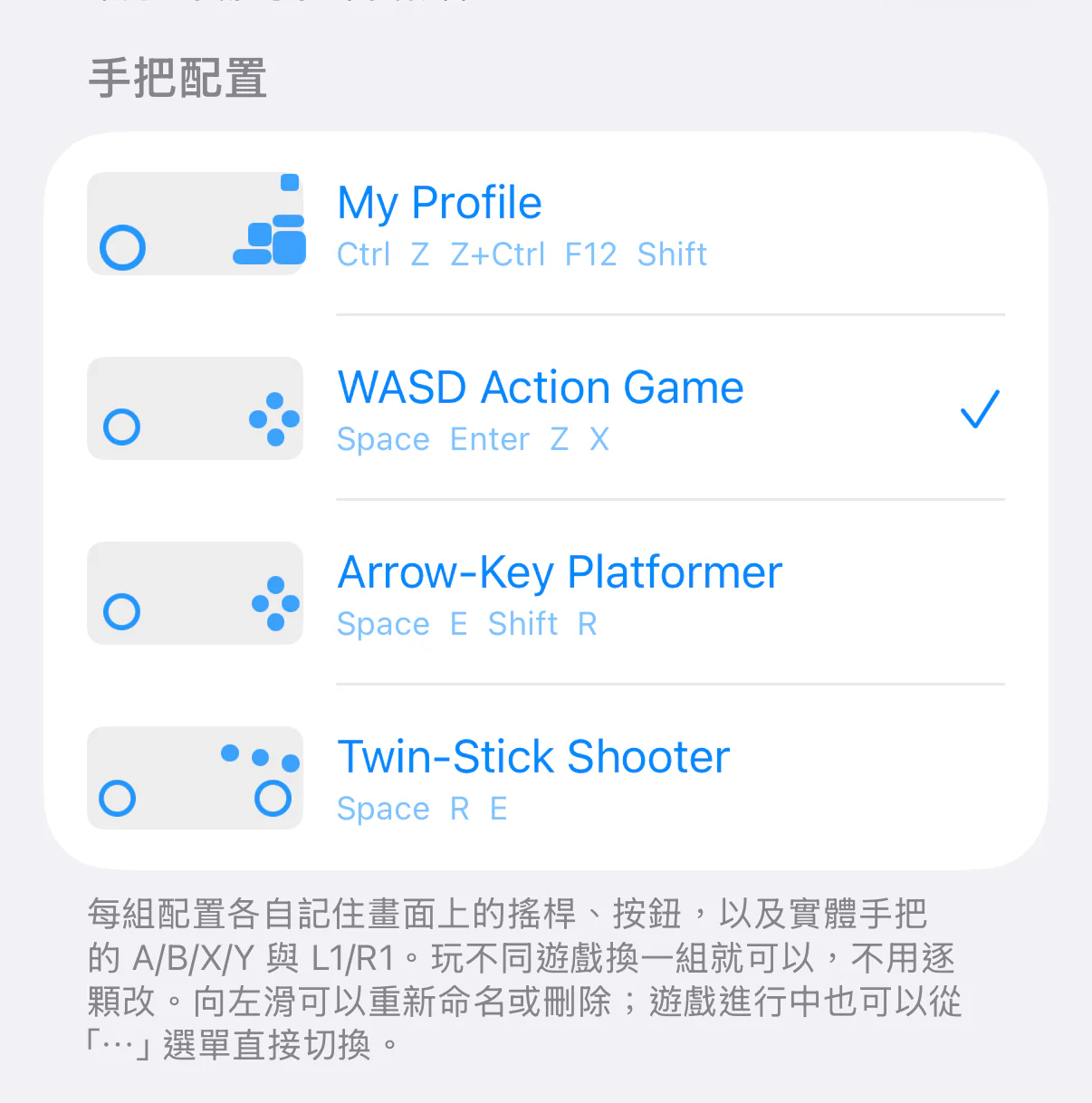 iPhone 上 TouchNow 設定裡的「手把配置」清單：四組配置各有縮圖與按鍵摘要，目前啟用的那組右邊打了勾；下面說明每組各自記住畫面上的搖桿、按鈕與實體手把的 A/B/X/Y 與 L1/R1。