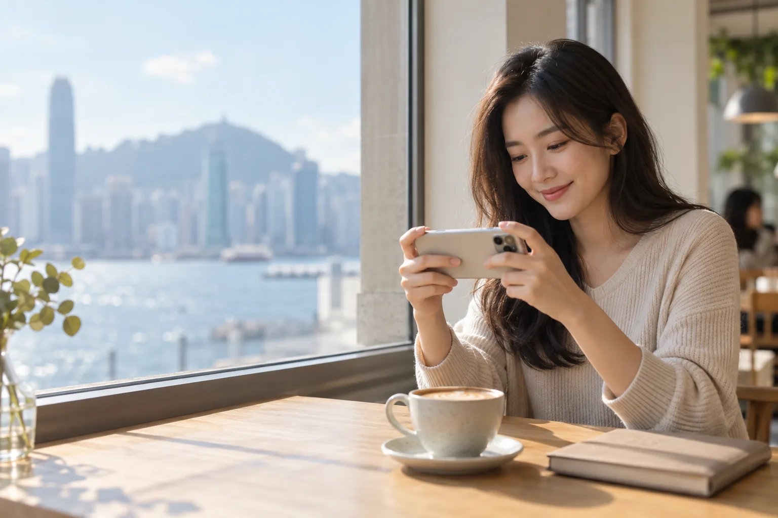 Usando um iPhone em um café no porto para chegar a um Mac em casa