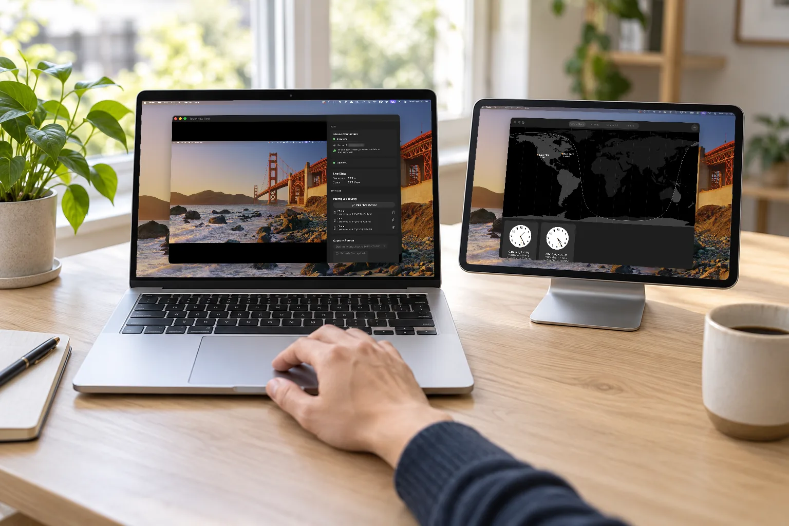 Um iPad ao lado de um MacBook, funcionando como um Tela secundária com um aplicativo diferente em cada tela