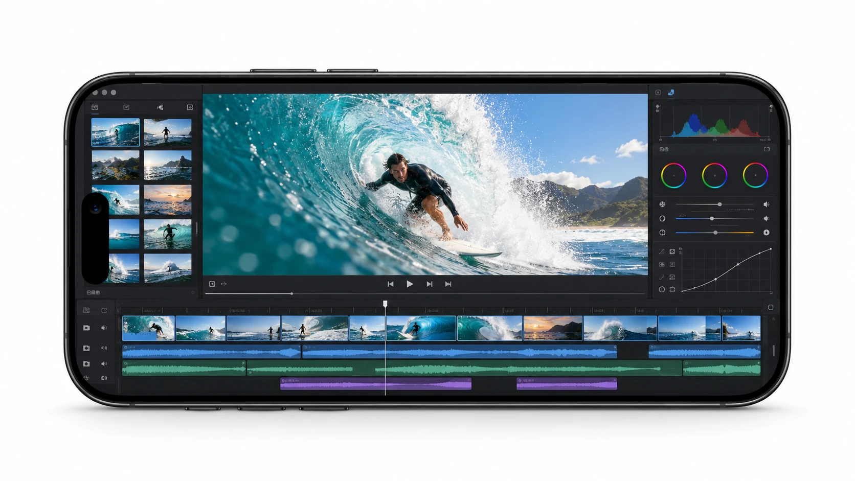 Cenário de edição gerado por IA: uma paisagem completa iPhone mostrando imagens de surf, uma linha do tempo e ferramentas de cores