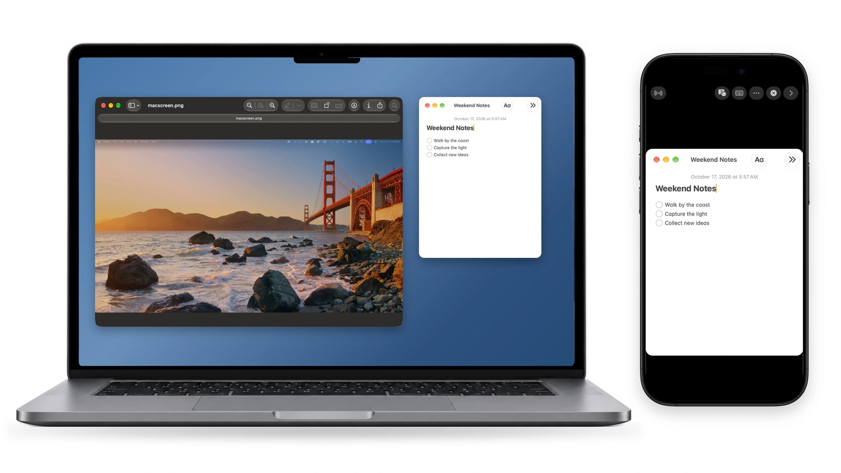 Composição da captura de tela da janela macOS nativa: visualização e notas no Mac, com a mesma janela de notas mostrada proporcionalmente no iPhone