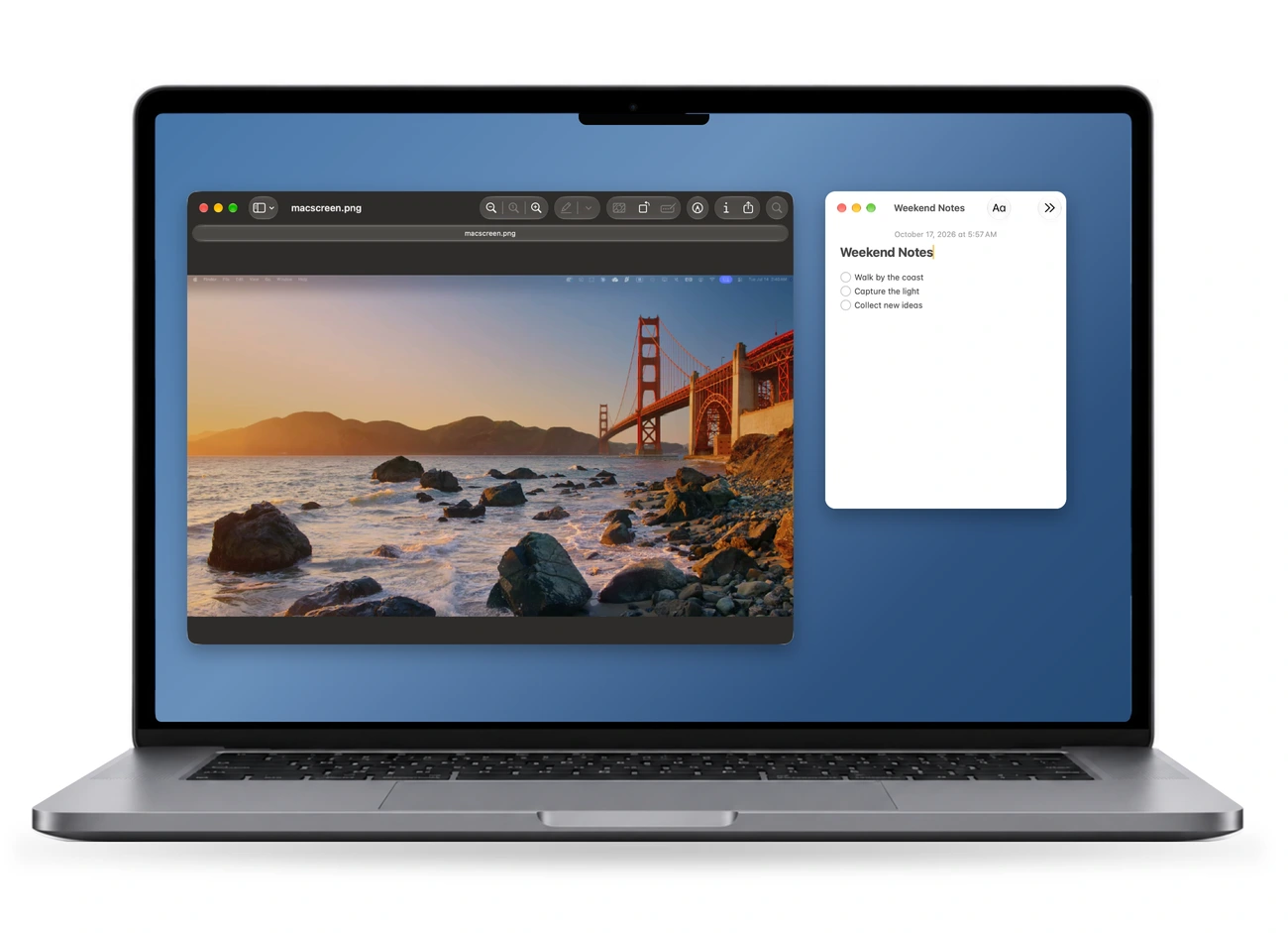A janela de visualização nativa e notas é capturada dentro de um quadro de dispositivo Mac