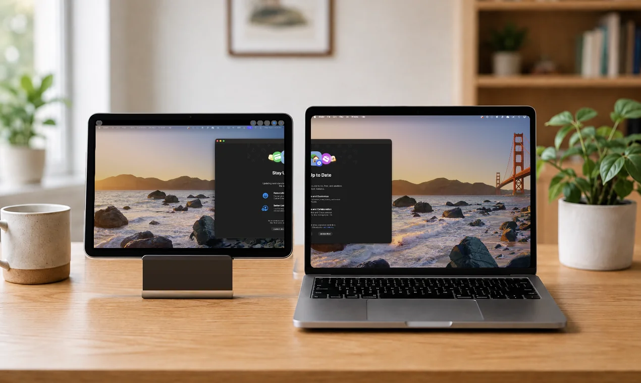 An iPad on a stand next to a MacBook, one macOS window spanning both screens