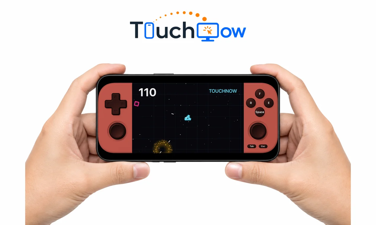 TouchNow gamepad shell, coral, held in two hands