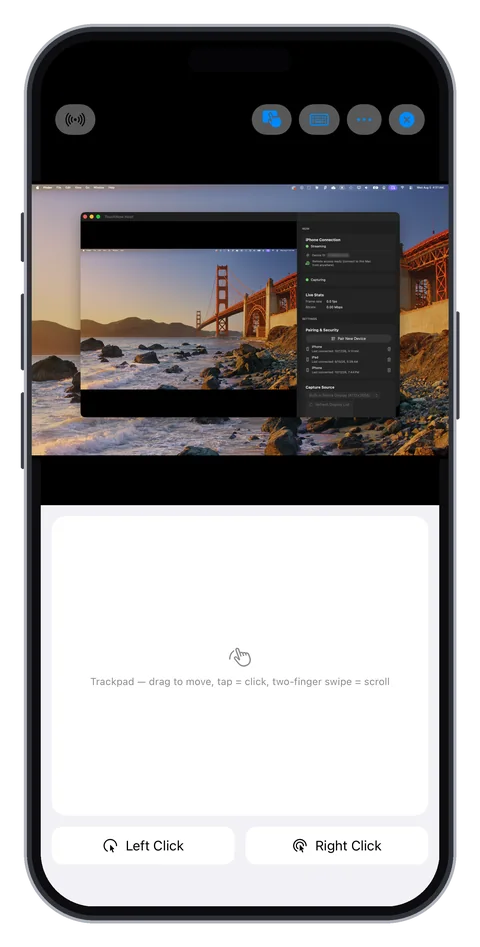 TouchNow em iPhone: a tela Mac na parte superior, o trackpad abaixo
